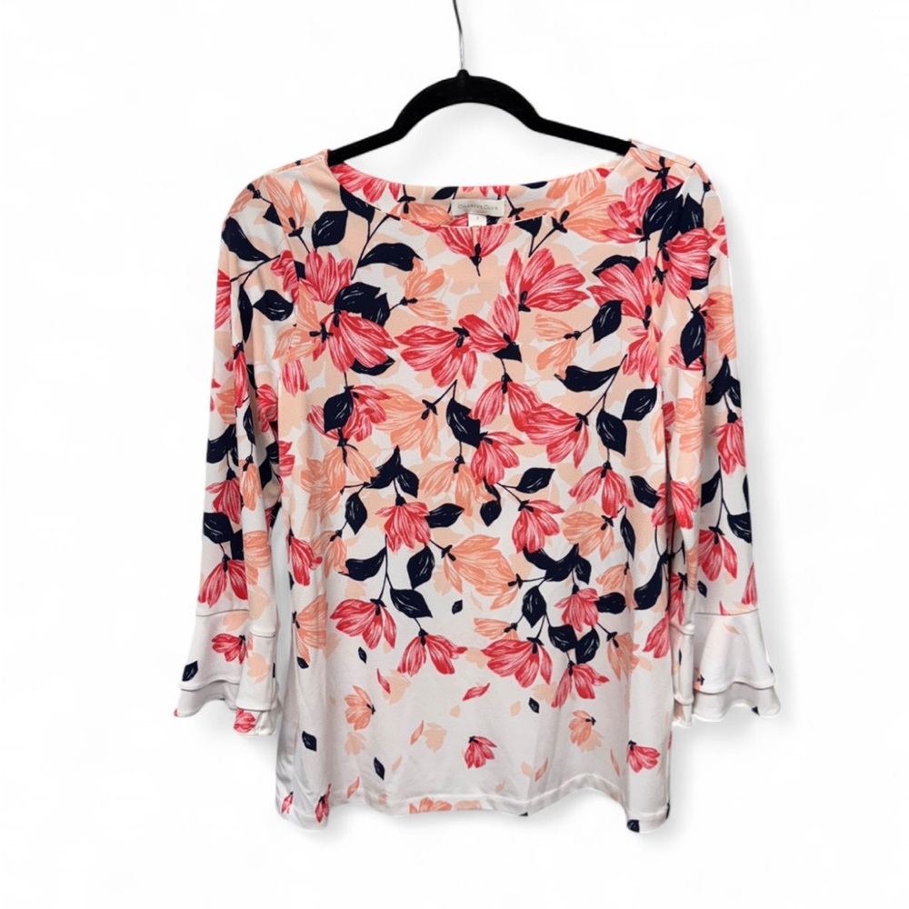 Charter Club Women’s Small Floral Blouse 3/4 Bell Sleeve Stretch - Picture 2 of 9